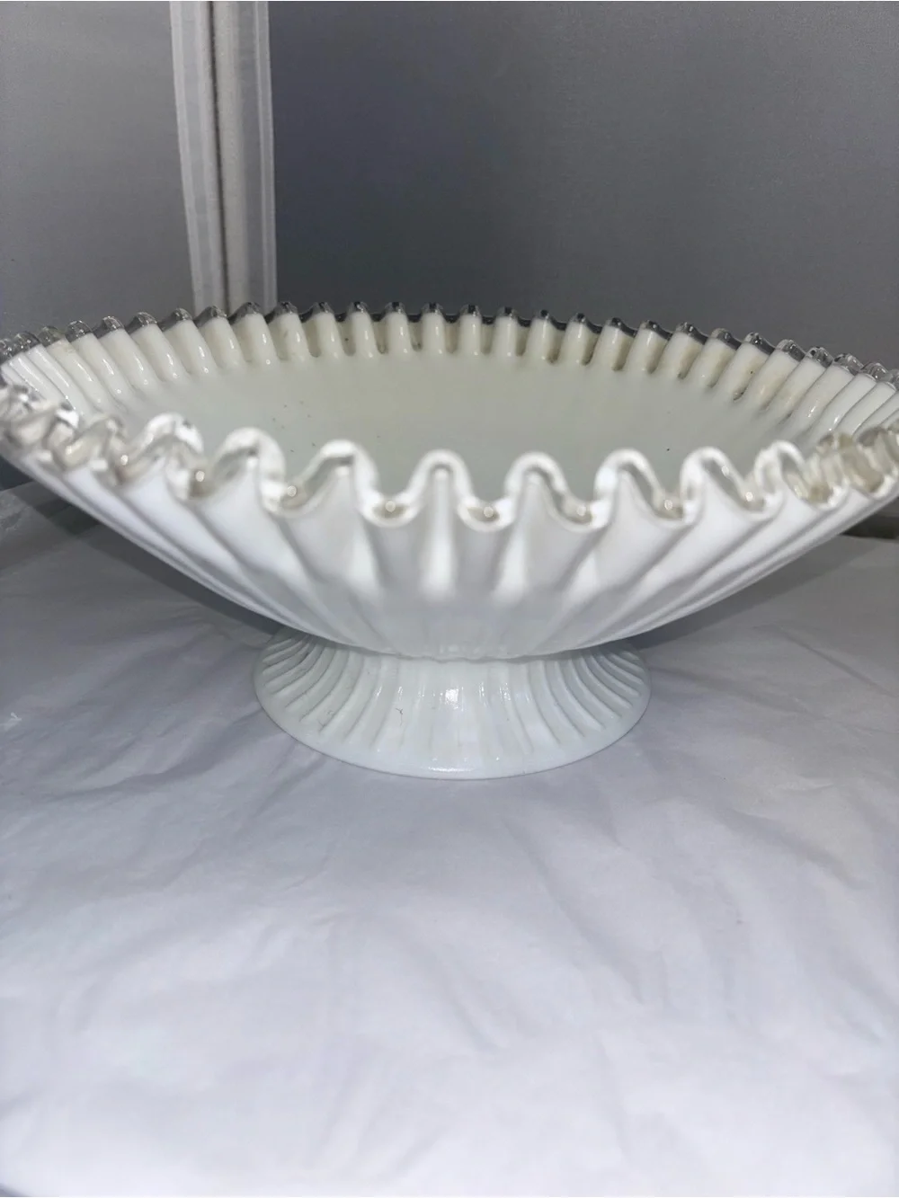Fenton White Milk Glass Pedestal Bowl with Silver Ruffled Edge